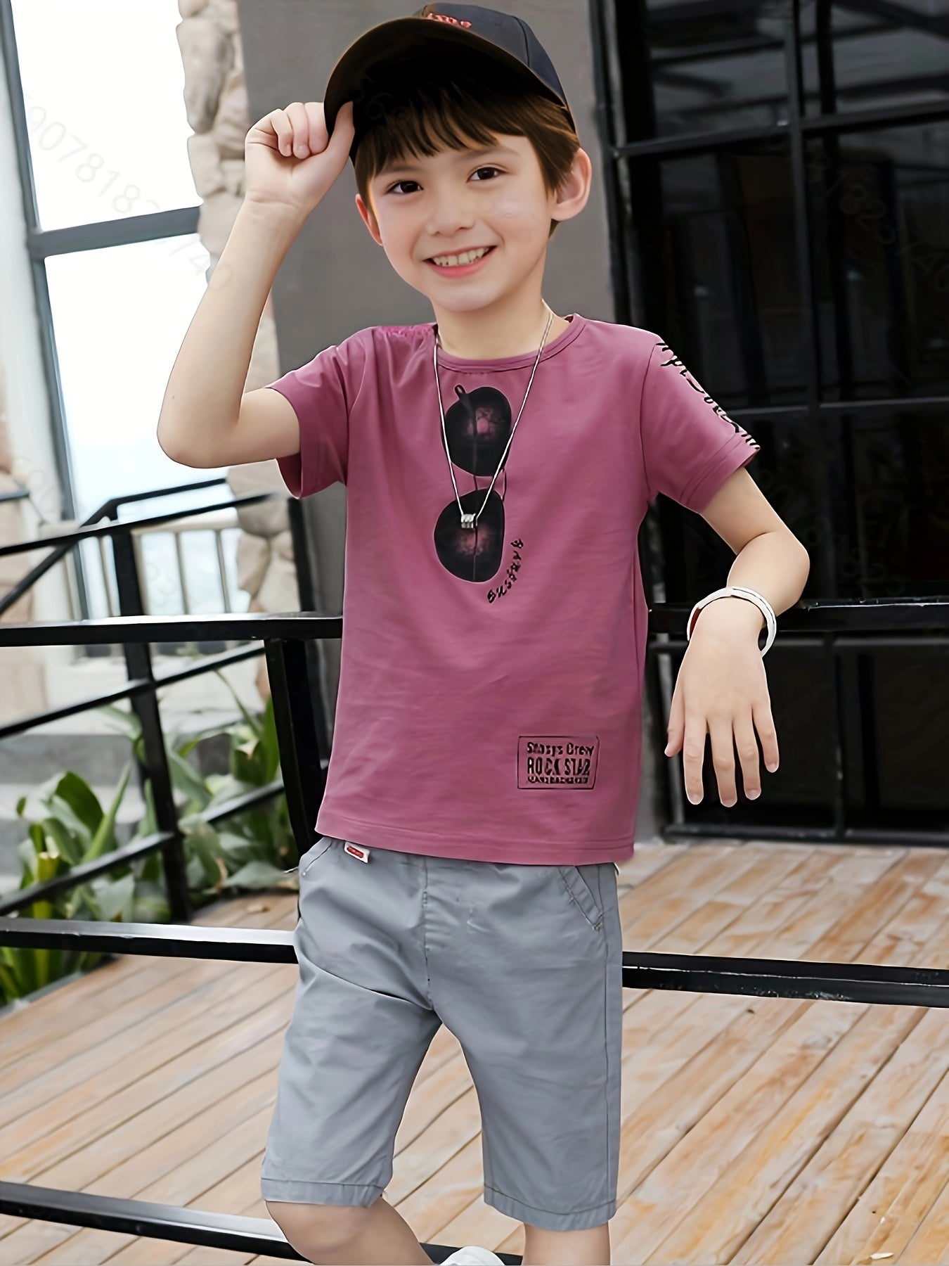 100% Cotton 2pcs, Glasses Graphic Short Sleeve Crew Neck T-shirt + Solid Color Shorts Set For Boys, Breathable Set Casual Summer Gift