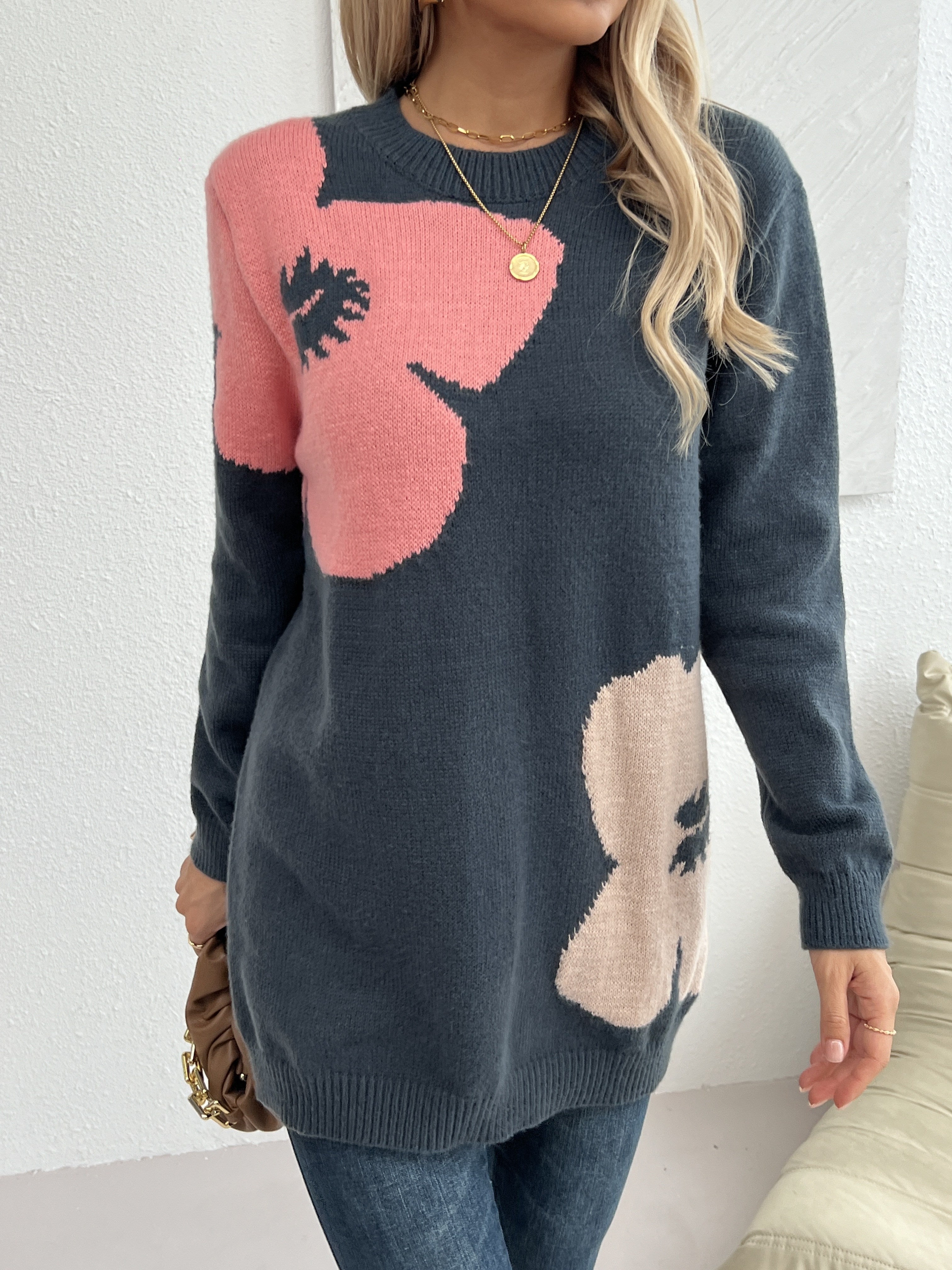 Floral Pattern Loose Fit Sweater, Stylish Crew Neck Long Sleeve Pullover Sweater For Winter & Fall, Women's Clothing