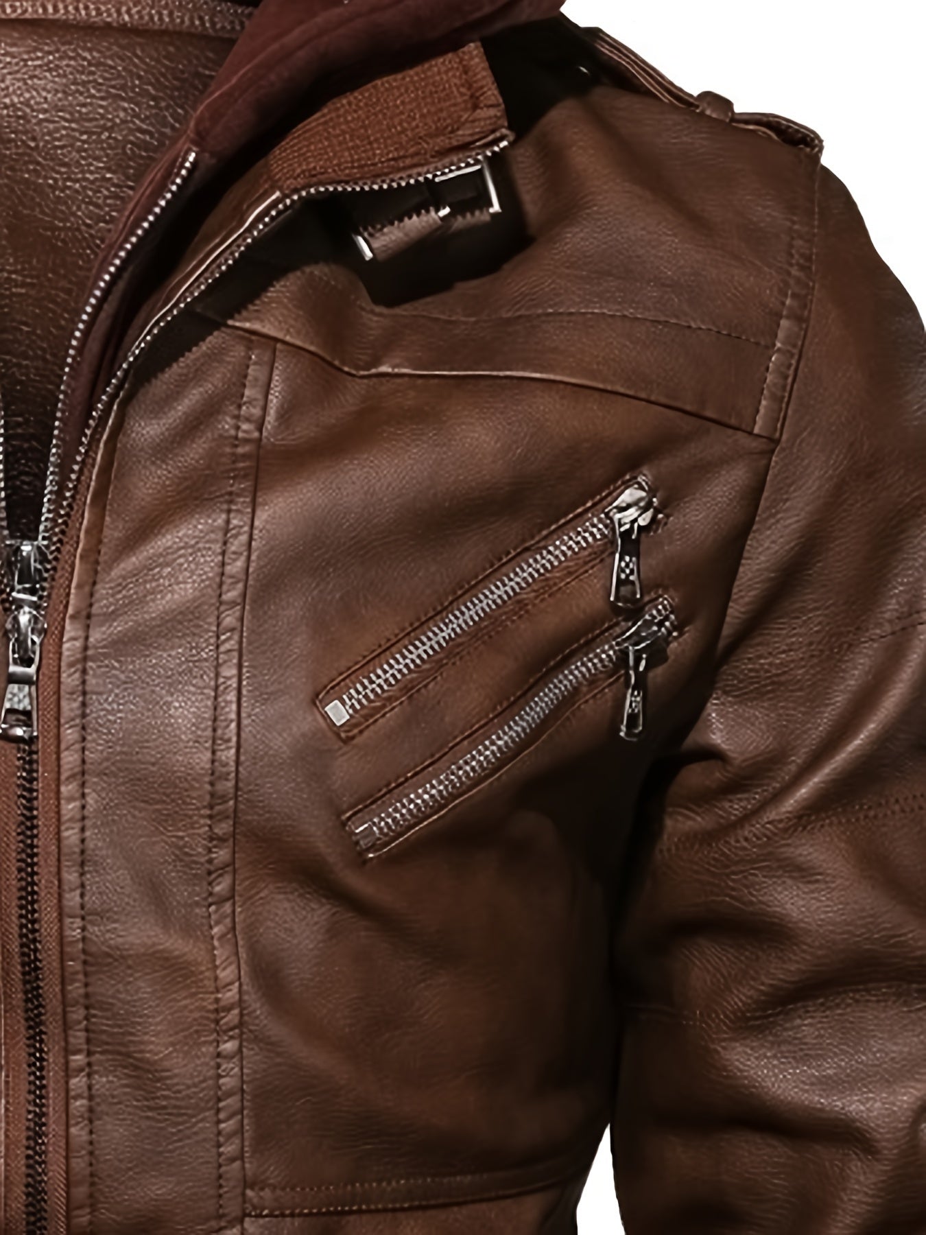 Mens Fashionable Hooded Jacket - Faux Leather, Utility Pockets, Versatile for All Seasons