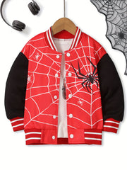 Boys Cool Spider Web Print Long Sleeve Color Block Drop Shoulder Varsity Baseball Jacket Coat