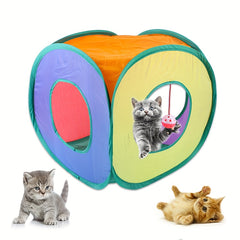 "Vibrant" Rainbow Square Cat Tunnel - Collapsible Play Tube With Hanging Ball For Indoor Cats, Durable Polyester