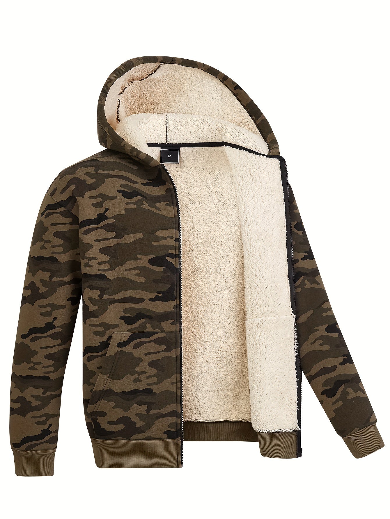 Mens Camo Fleece Hooded Winter Jacket - Warm, Stretchy, Pocketed, Loose Fit, Zip-Up Coat for Fall and Winter - Polyester Knit Fabric, Placket Closure