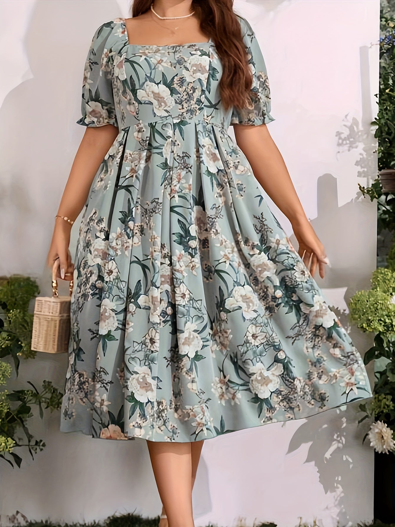 Plus Size Floral Print Cinched Waist Dress, Elegant Square Neck Pleated Swing Dress For Spring & Summer, Women's Plus Size Clothing