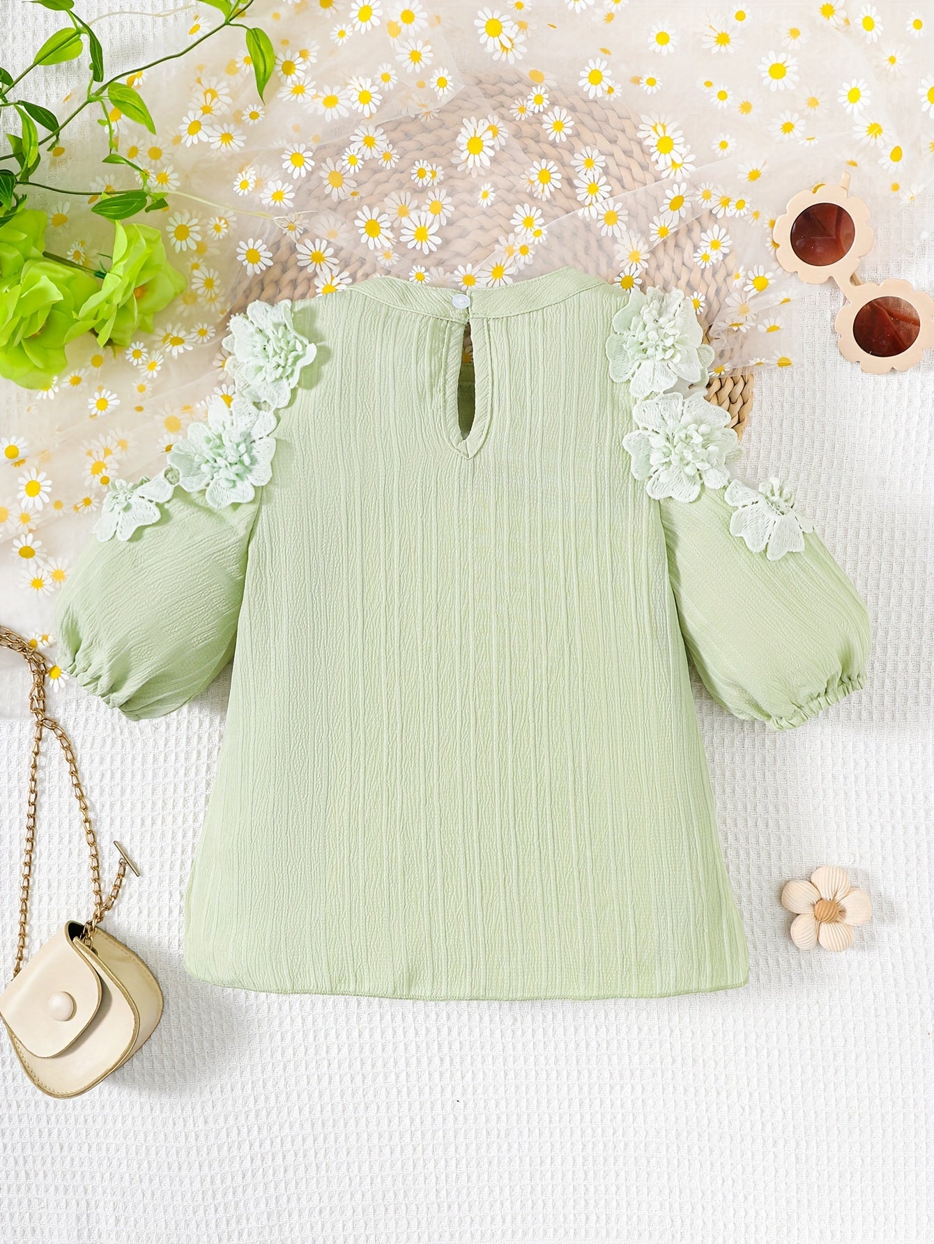 Thin Breathable Flower Decor Crew Neck Cold Shoulder Long Sleeve Dress For Girls Summer Party Gift