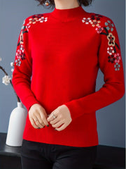 Floral Pattern Mock Neck Knit Sweater, Casual Long Sleeve Pullover Sweater, Women's Clothing