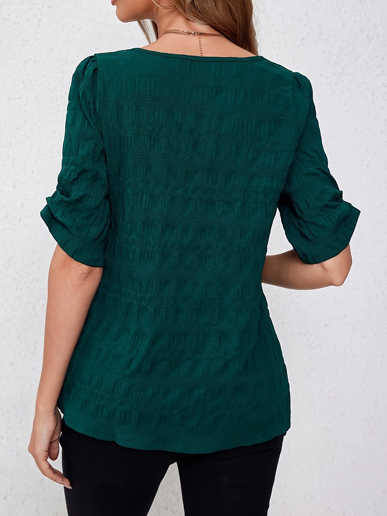 Solid Color Notch Neck Blouse, Casual Half Sleeve Blouse For Spring & Summer, Women's Clothing