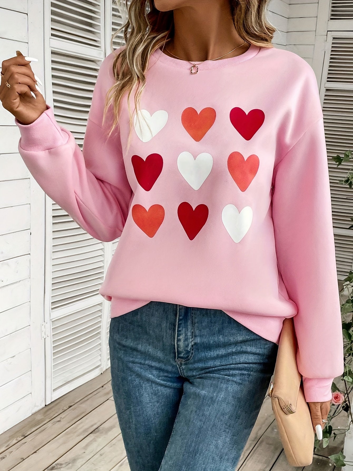 Heart Print Pullover Sweatshirt, Casual Long Sleeve Crew Neck Sweatshirt For Fall & Winter, Women's Clothing