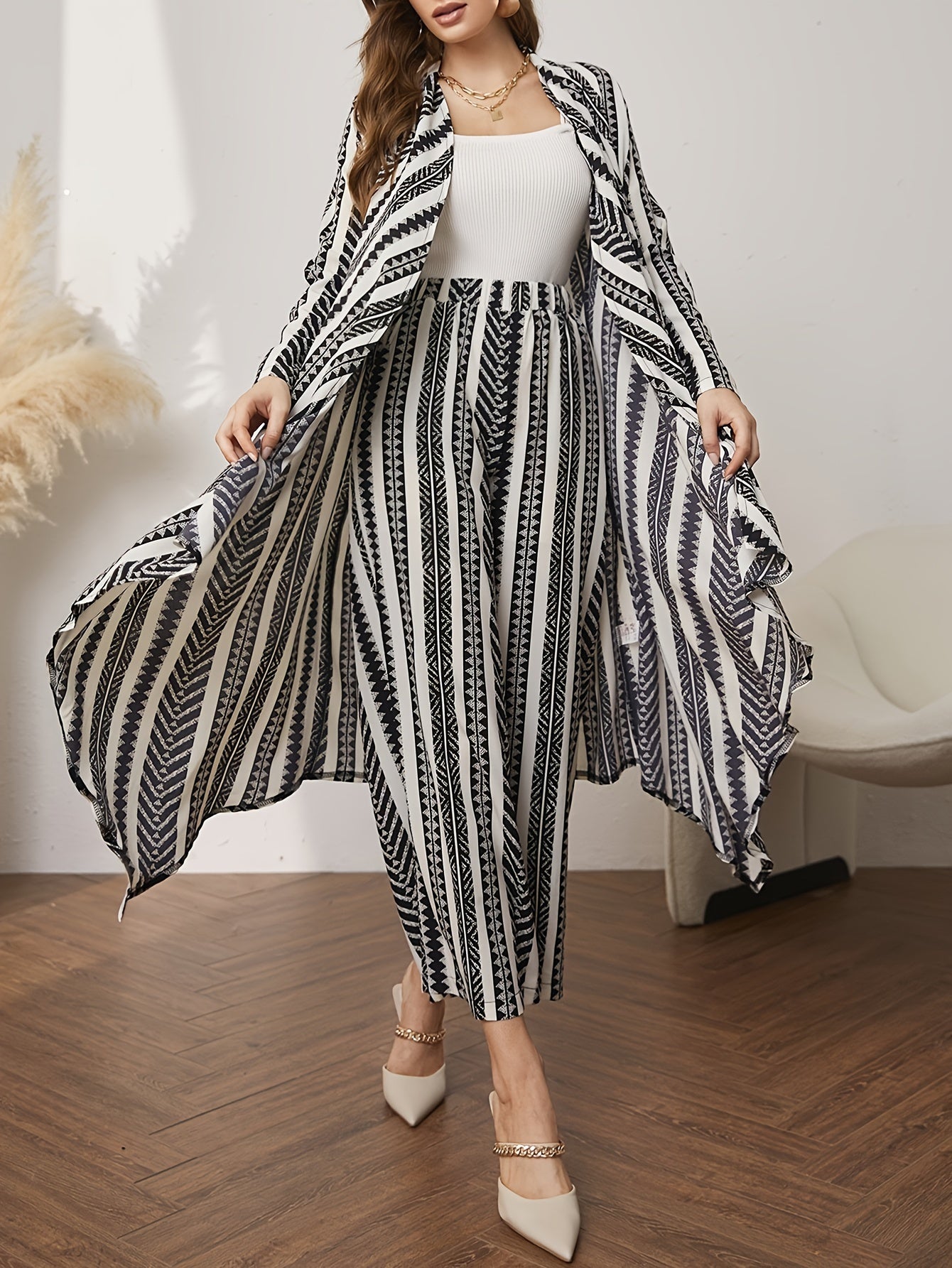 Vacation Tribal Print Pants Set, Long Sleeve Open Front Blouse & High Waist Wide Leg Pants Outfits, Women's Clothing