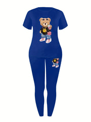 Casual Teddy Bear Print Two-piece, Crew Neck Short Sleeve T-shirt & Skinny Leggings Outfits, Women's Clothing