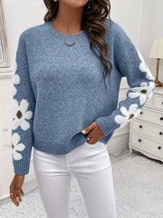 Floral Pattern Crew Neck Sweater, Cute Drop Shoulder Long Sleeve Sweater For Fall & Winter, Women's Clothing