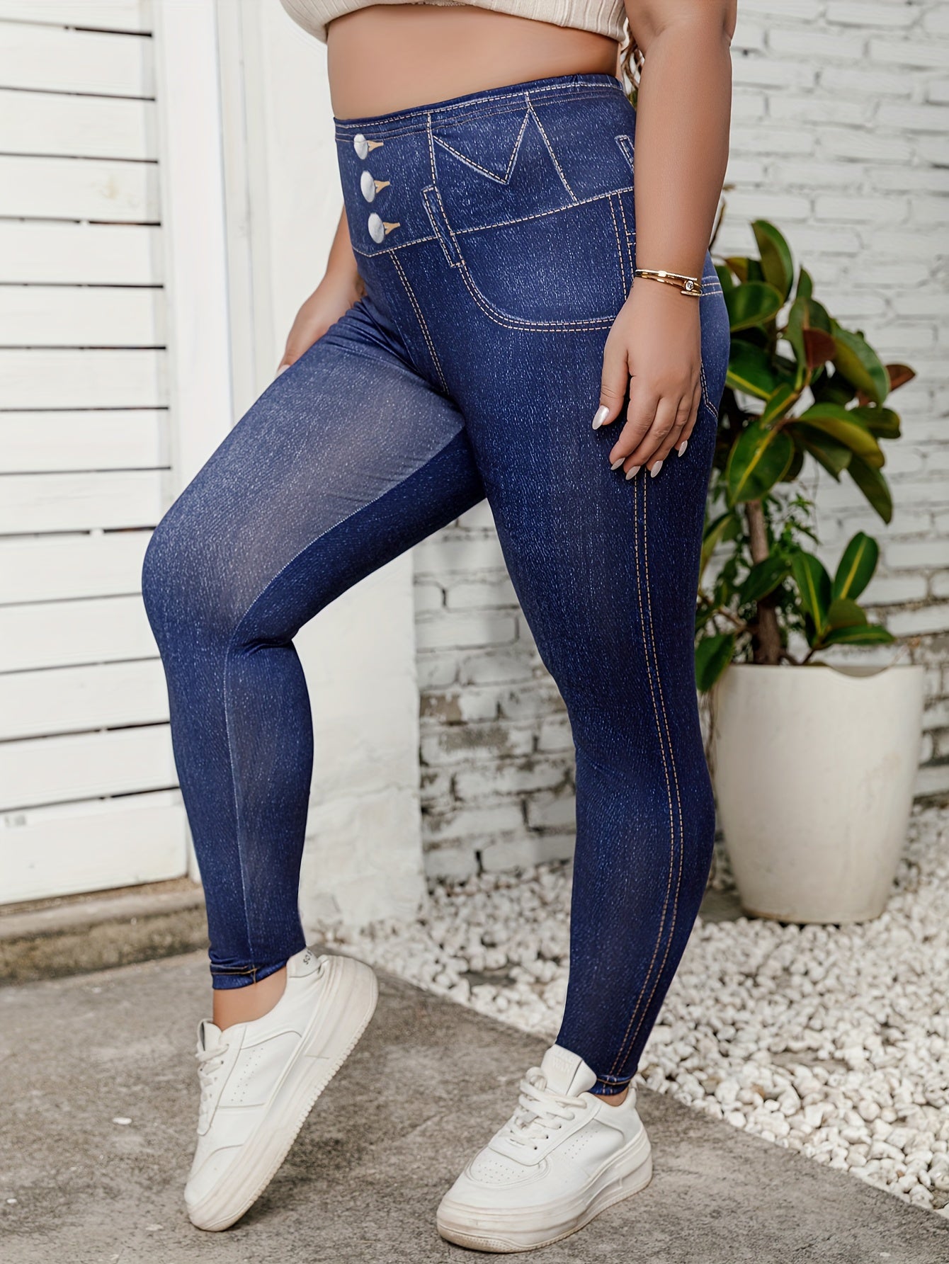 Plus Size Imitation Denim Print Pants, Casual Comfortable High Waisted Long Pants, Women's Plus Size Clothing