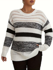 Plus Size Stripe Pattern Cutout Knit Sweater - Soft, Cozy, and Stylish with Vibrant Horizontal Stripes, Flattering Cutout Design, and Classic Crew Neck - Perfect for Plus Size Women, Fall and Winter Wear