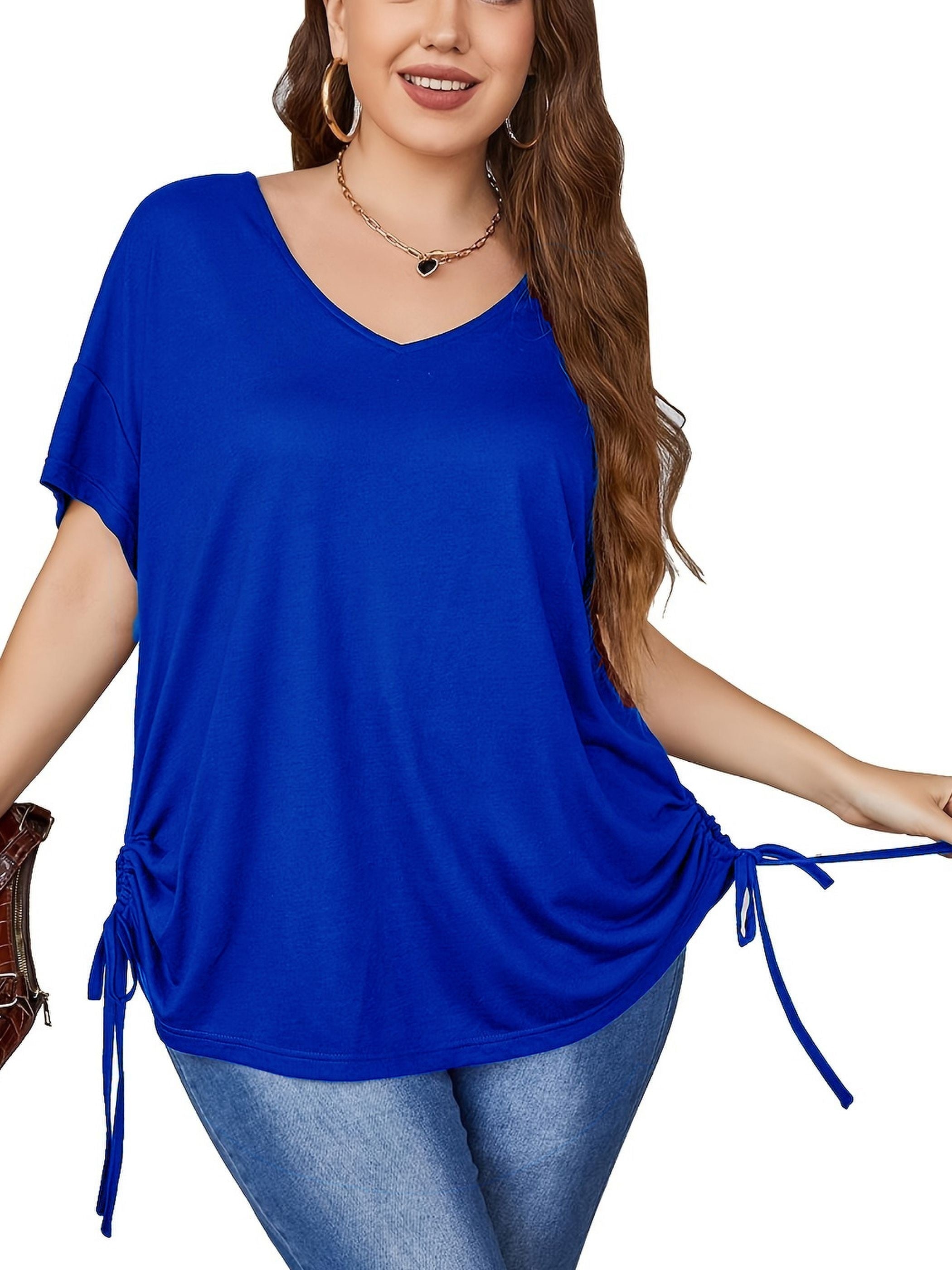 Plus Size Womens Tops with Drawstring Detail - Ultra-Comfortable High Stretch Casual Style - Flattering Half Sleeves for Curvy Figures