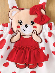 Baby's Cute Bear Patchwork 2pcs Summer Outfit, Ruffled Bodysuit & Suspender Overall Dress Set, Toddler & Infant Girl's Clothes For Daily Wear/Holiday/Party