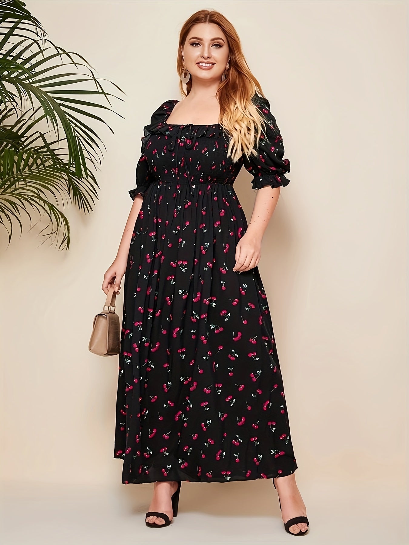 Plus Size Cherry Pattern Puff Sleeve Dress, Elegant Tie Front Square Neck Dress For Spring & Summer, Women's Plus Size Clothing