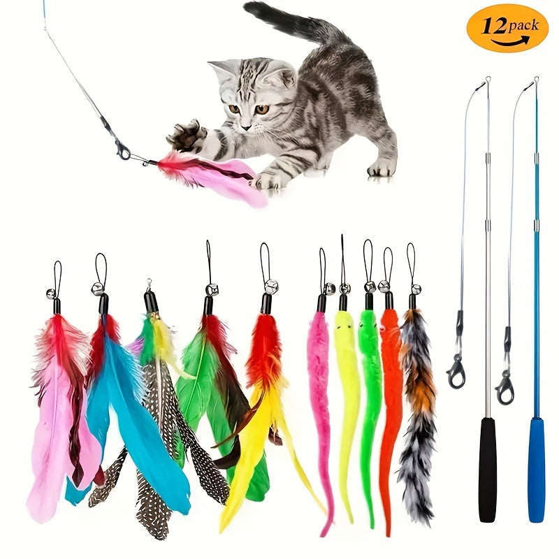 12pcs/set Pet Cat Toys, Colorful Feather Fishing Rod, Caterpillar Bell Replaceable Head Cat-teasing Sticks - Kerala Elegance