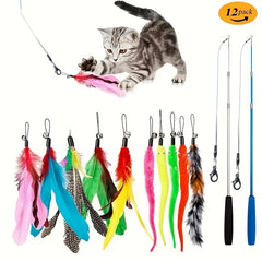 12pcs/set Pet Cat Toys, Colorful Feather Fishing Rod, Caterpillar Bell Replaceable Head Cat-teasing Sticks - Kerala Elegance