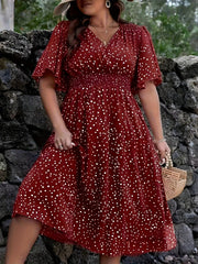 Plus Size V Neck Polka Dot Print Fitted Shirred Waist Vacation Dress - Loose Fit, Short Sleeve, Non-Stretch Polyester, Woven, Perfect for Summer Going Out - Random Printing, No Sheer