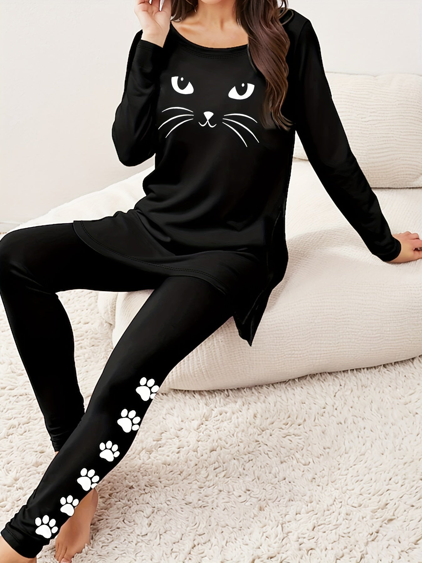 Two-Piece Casual Cat Print Outfit - Crew Neck Long Sleeve T-Shirt and Pants Set - Soft Mid-Elasticity Polyester Knit Fabric, Cartoon Random Printing, Spring/Fall Wear, No Sheer