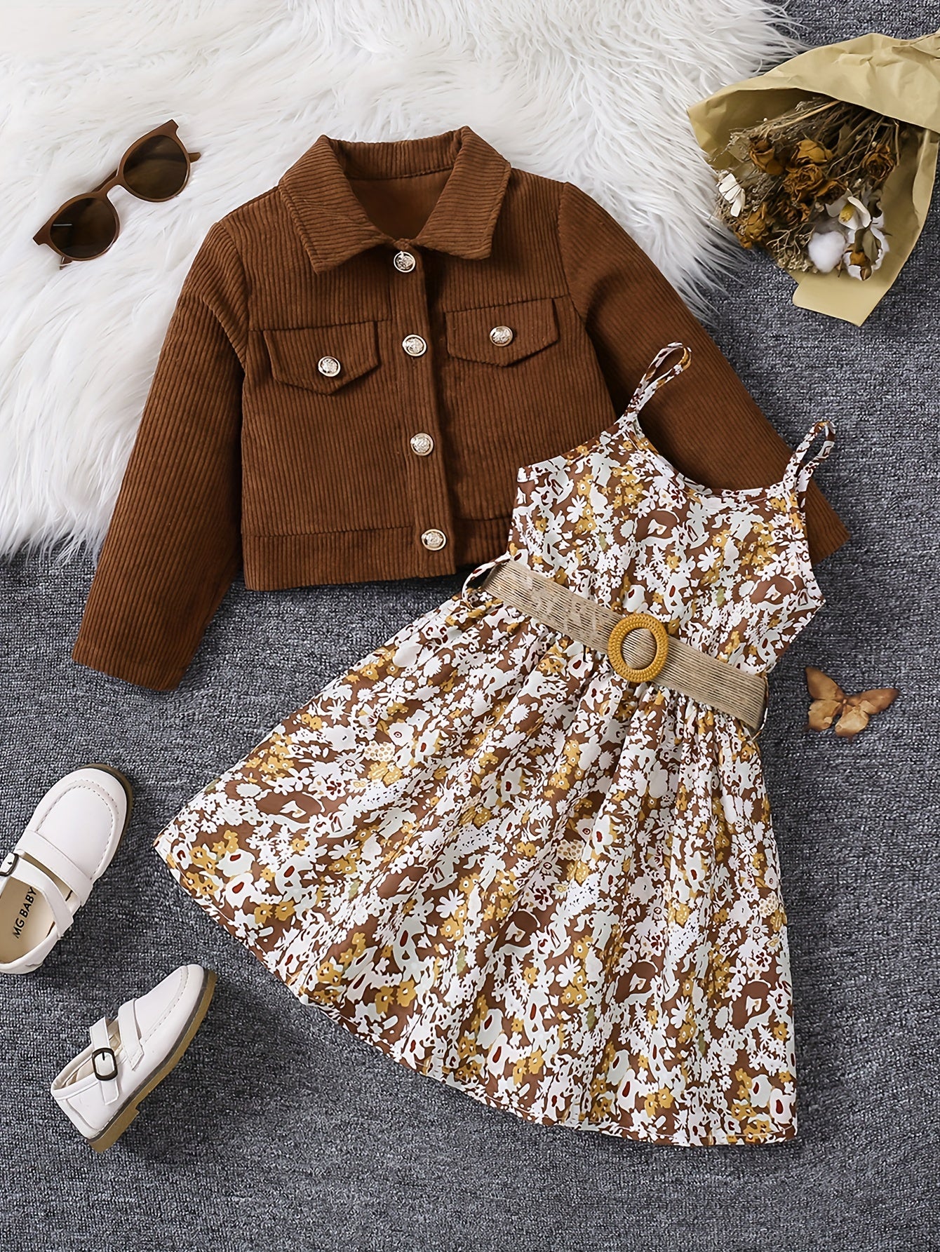 Vintage Floral Set Girls Outfit, Lady Style A-line Cami Dress + Corduroy Cardigan Jacket Two-piece Set For Spring/Fall