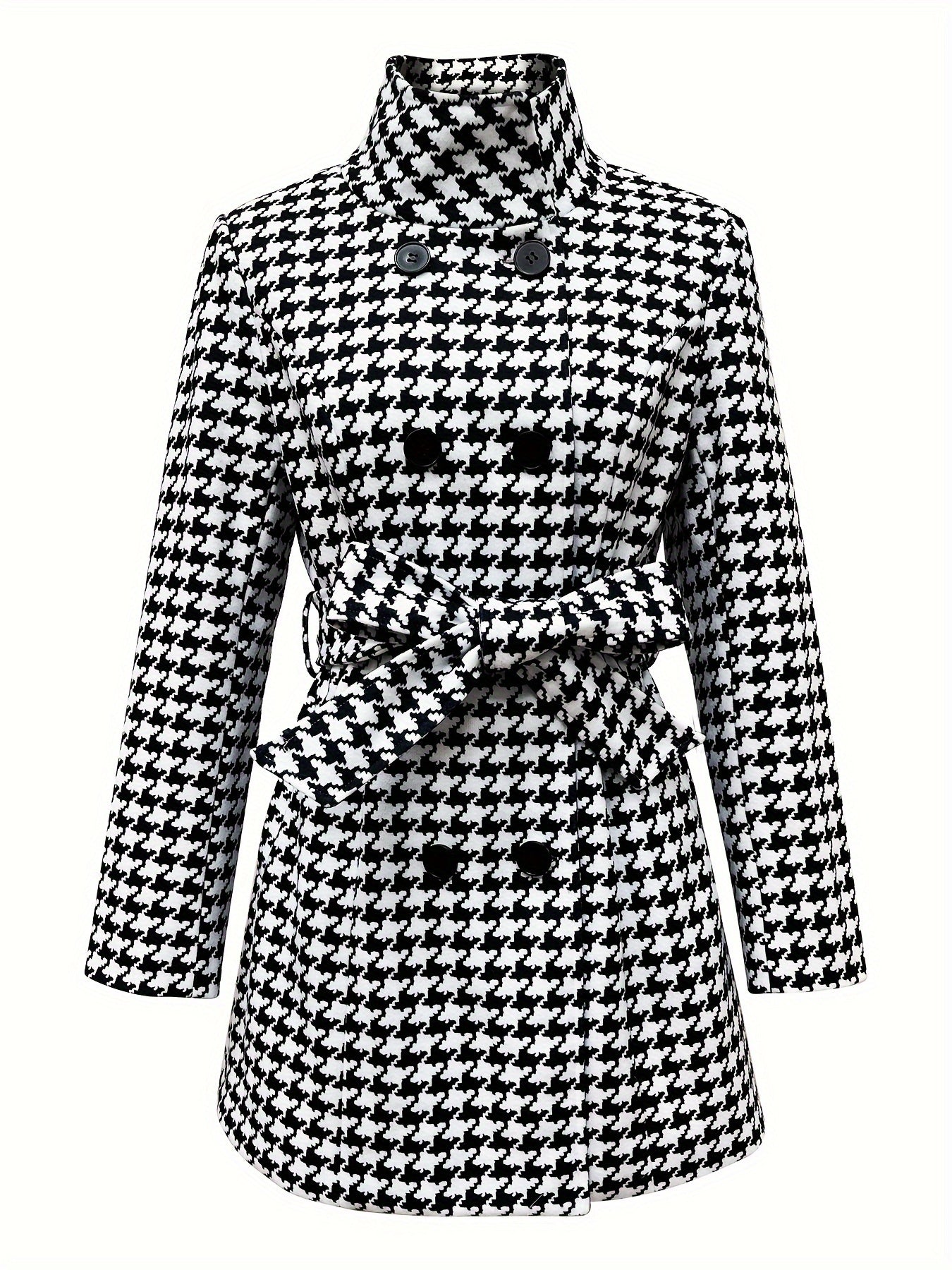 Houndstooth Pattern Double Breasted Overcoat, Elegant Strand Collar Long Sleeve Belted Outwear For Fall & Winter, Women's Clothing