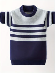 Boys Striped Thick Sweater Round Neck Long Sleeve Stretch Warm Knit Pullover Top Kids Clothes Outdoor