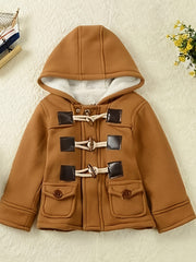 Kid's Preppy Style Fleece Lining Jacket, Warm Woolen Buttons Hooded Coat, Boy's Clothes For Fall Winter Outdoor, As Gift