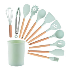 12pcs Wooden Handle Silicone Kitchen Utensils 12 Pieces Non-stick Spatula Kitchen Tool Cooking Spatula Spoon Baking Set, School Supplies, Back To School, Dorm Essentials