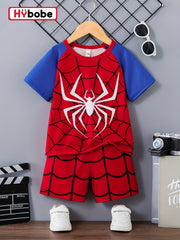 2pcs Boys Casual Classic Spider Print Versatile Short Sleeve T-shirt & Shorts Set, Cool, Lightweight And Comfy Summer Clothes