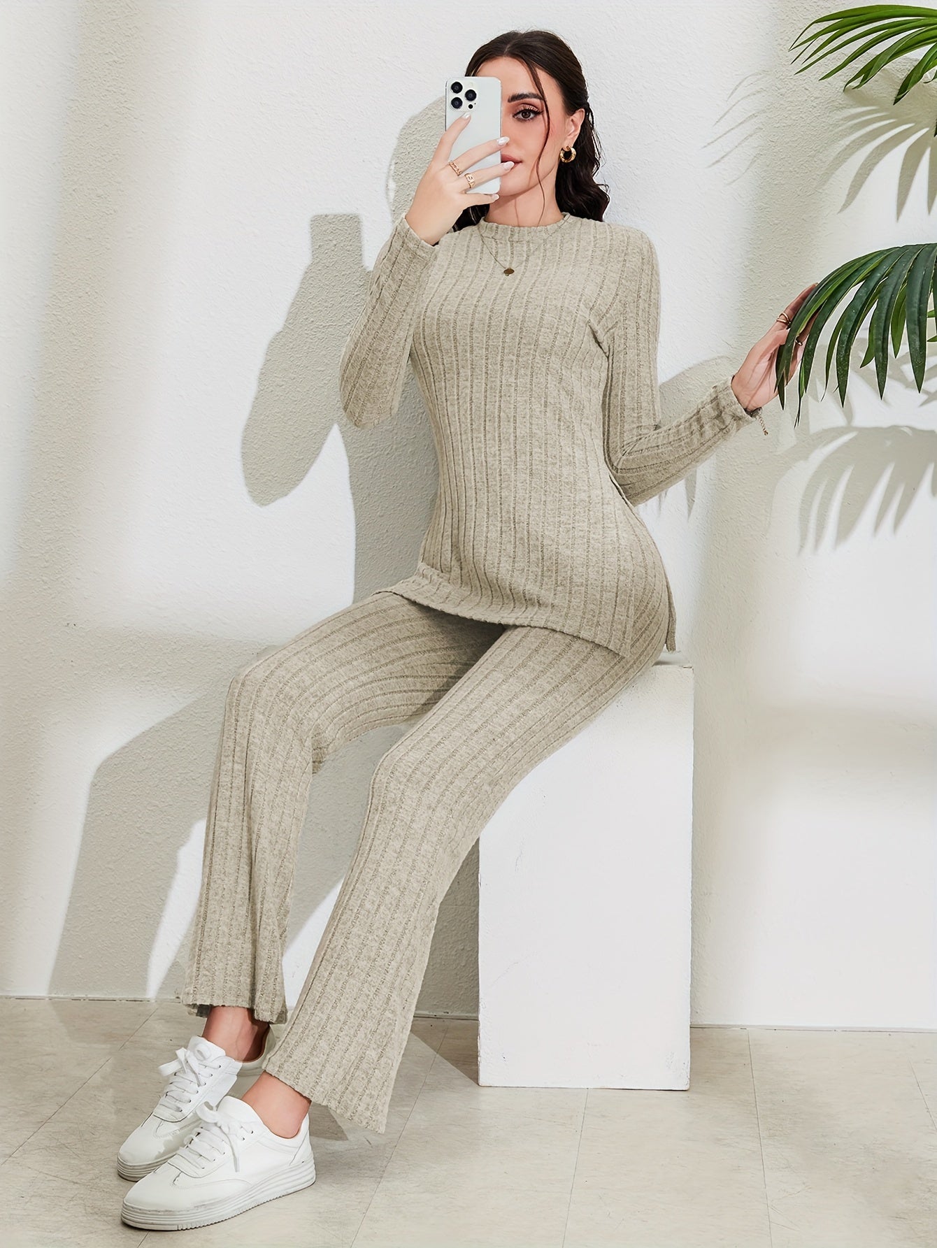 Ribbed Matching Two-piece Set, Casual Long Sleeve T-shirt & Pants Outfits, Women's Clothing