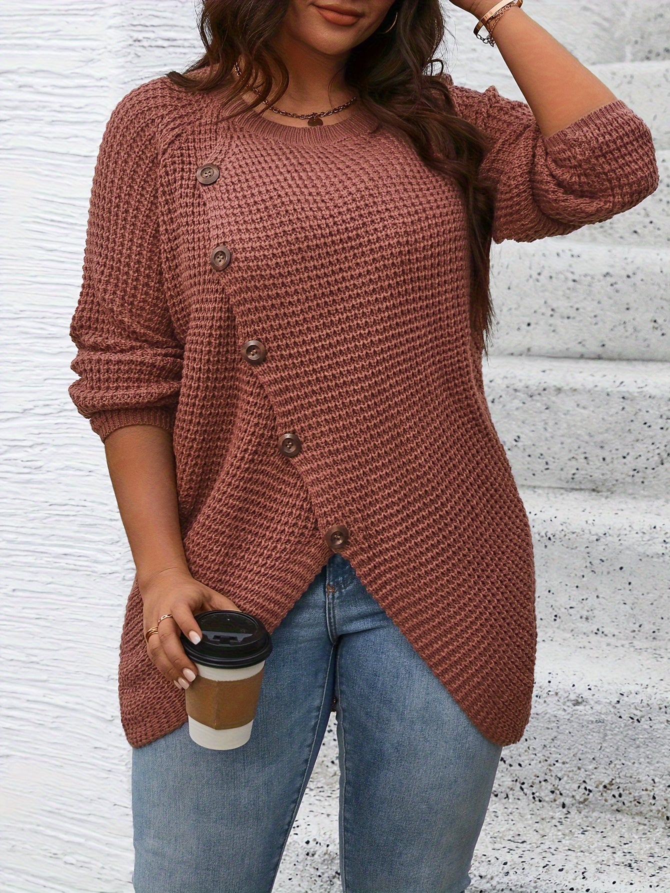 Plus Size Asymmetrical Hem Sweater, Casual Long Sleeve Crew Neck Sweater For Fall & Winter, Women's Plus Size Clothing