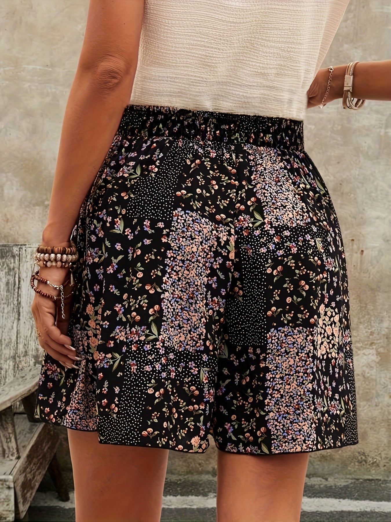 Floral Print High Waist Loose Shorts, Casual Elastic Waist Shorts For Spring & Summer, Women's Clothing