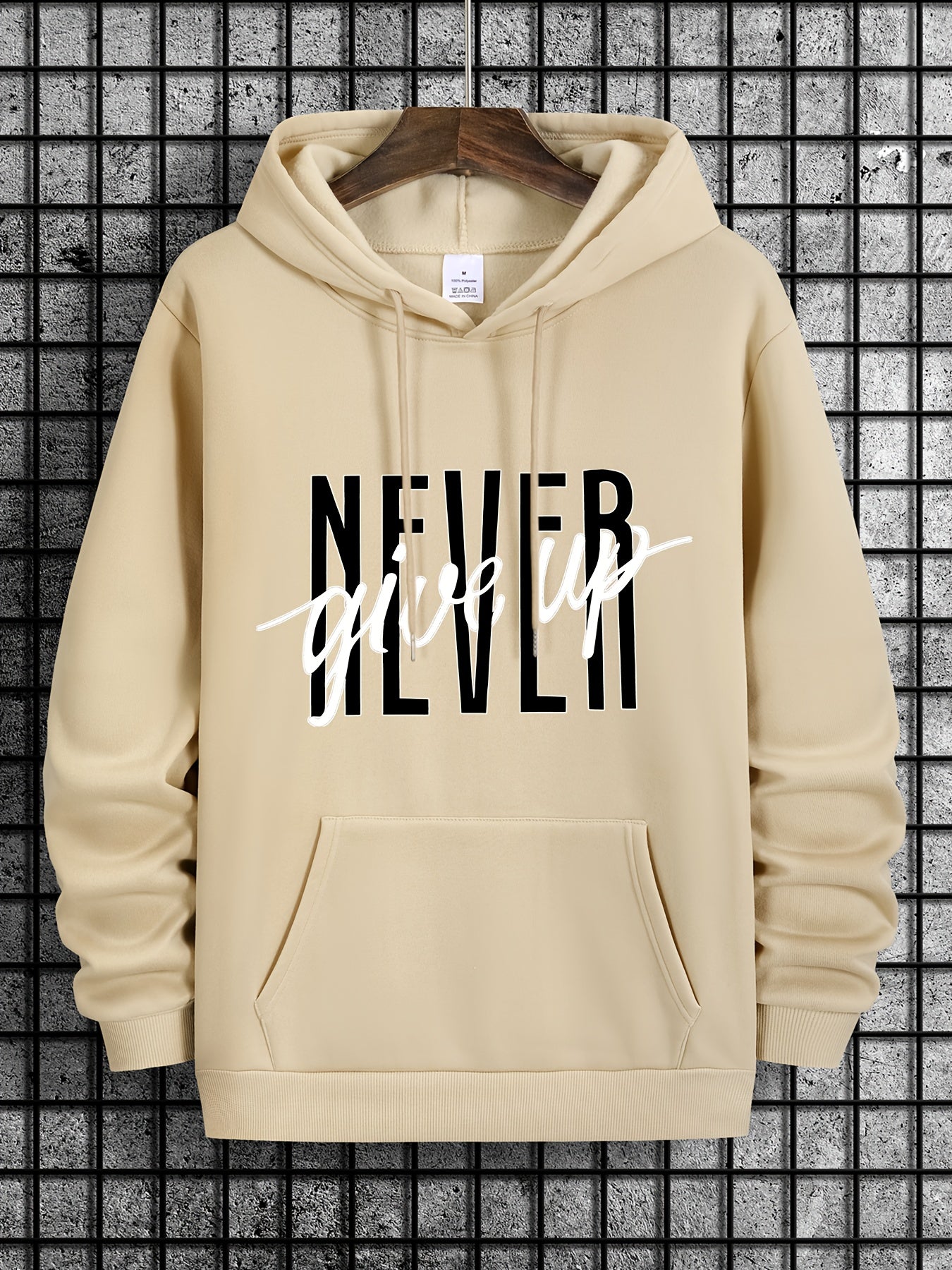 Novel Design Phrase NEVER GIVE UP Print, Men's Fashion Trendy Long Sleeve Hoodie & Sweatshirt With Drawstring & Pocket For Outdoor Daily Wear