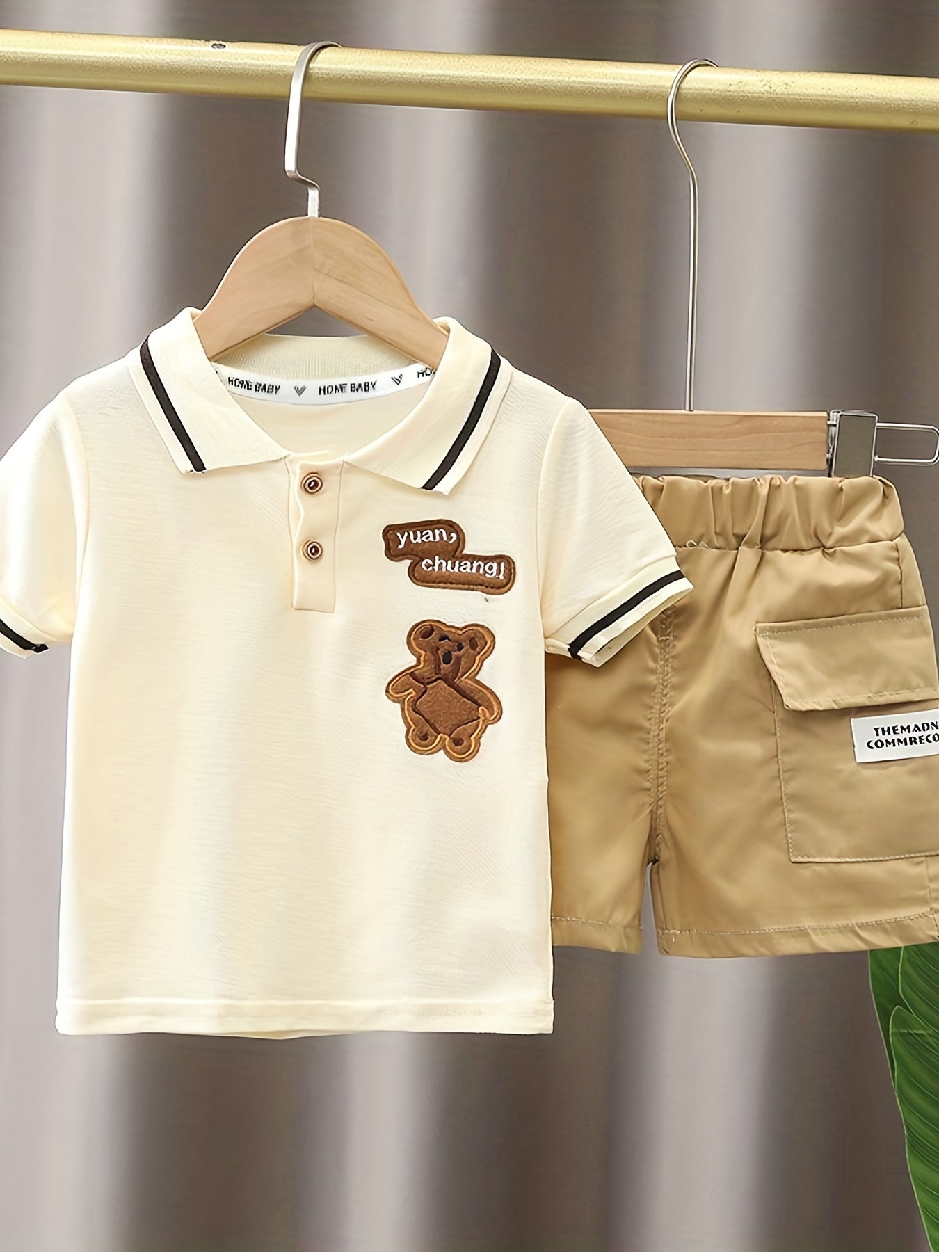 Little Boys Casual Suit - Cute Bear & Letter Embroidered Shirt Top + Shorts