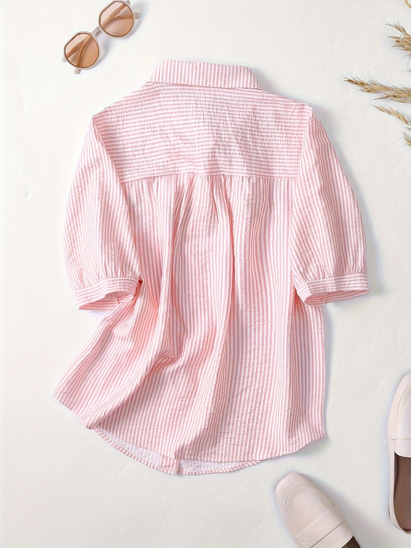 Floral Embroidered Striped Print Blouse, Cute Short Sleeve Blouse For Spring & Summer, Women's Clothing