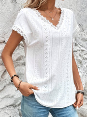 Lace Trim Eyelet Blouse, V Neck Loose Casual Top For Spring & Summer, Women's Clothing