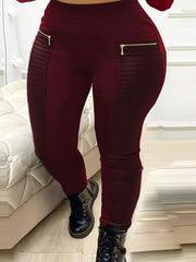 Plus Size Paneled Zip Detail Skinny Leggings, Casual High Waist Stretchy Leggings, Women's Plus Size Clothing