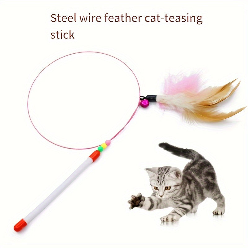 1pc Cat Toy, Steel Wire Bell Feather Tease Cat Stick, Elastic Steel Wire Feather Tease Cat Stick - Kerala Elegance