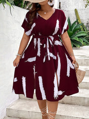 Plus Size All Over Print Dress, Casual V Neck Short Sleeve Dress, Women's Plus Size Clothing