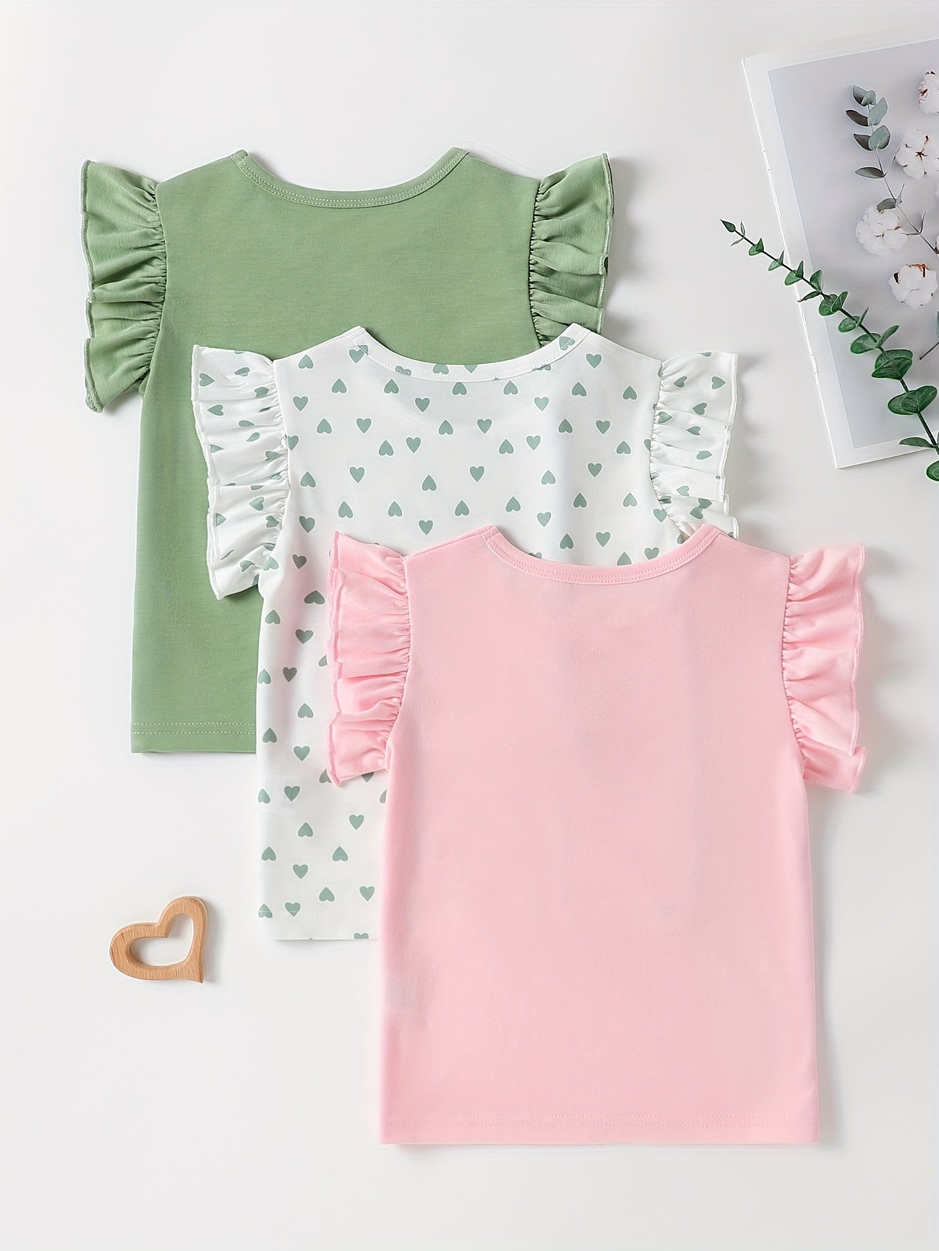 3pcs Girls Adorable Heart Graphic Solid Color Ruffle Trim T-shirt Set - Perfect for Summer Parties & Valentines Day Gifts