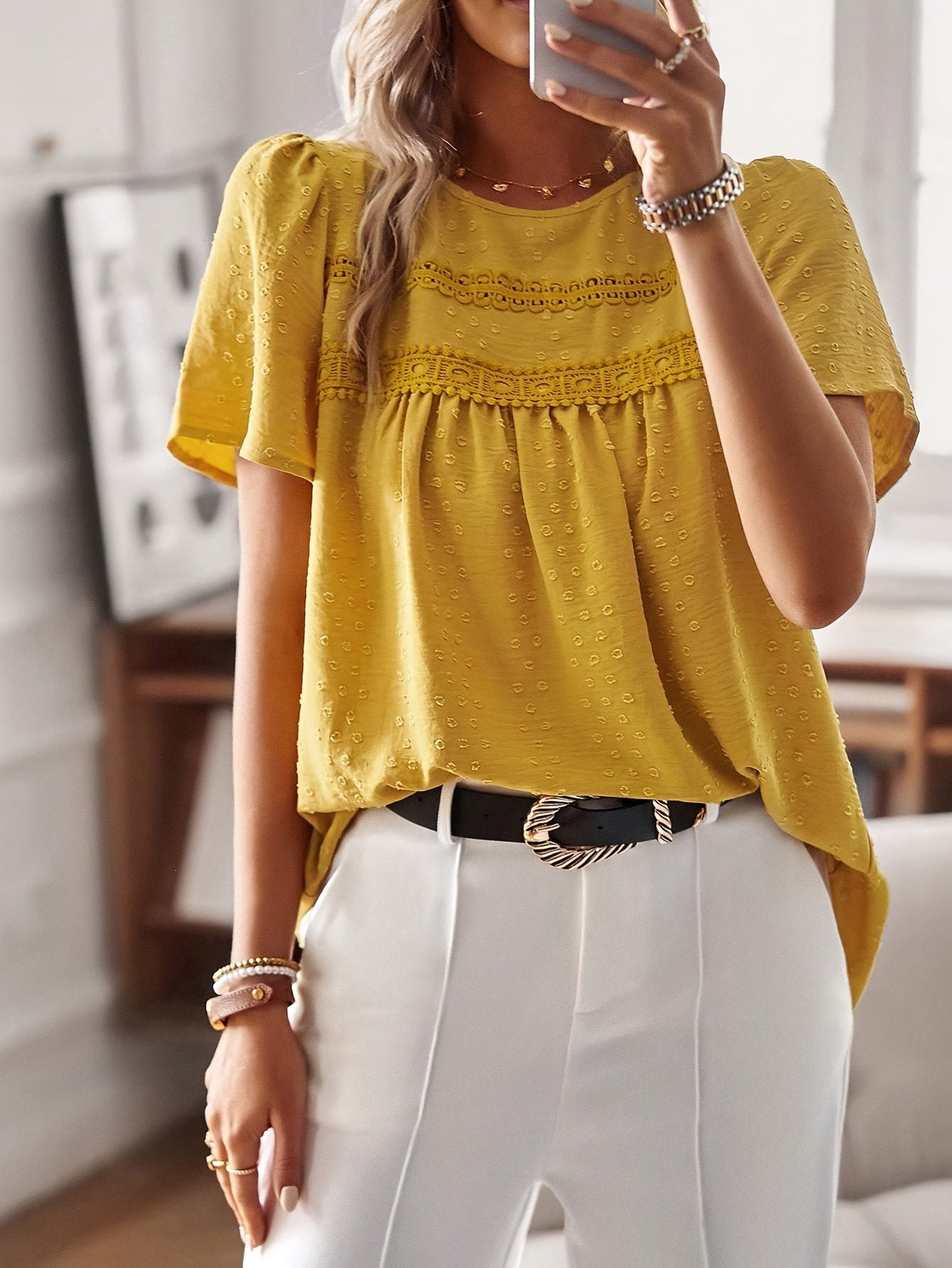 Lace Splicing Crew Neck Blouse, Casual Short Sleeve Top For Spring & Summer, Women's Clothing