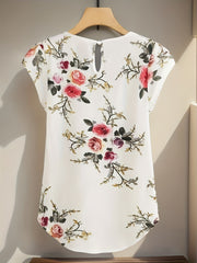 Floral Print Crew Neck Blouse, Casual Short Sleeve Blouse For Spring & Summer, Women's Clothing