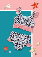 2pcs Toddler Kid's Leopard Pattern Bikini Set, Stretchy Ruffle Trim Bathing Suit, Baby's Swimsuit For Summer Beach Vacation