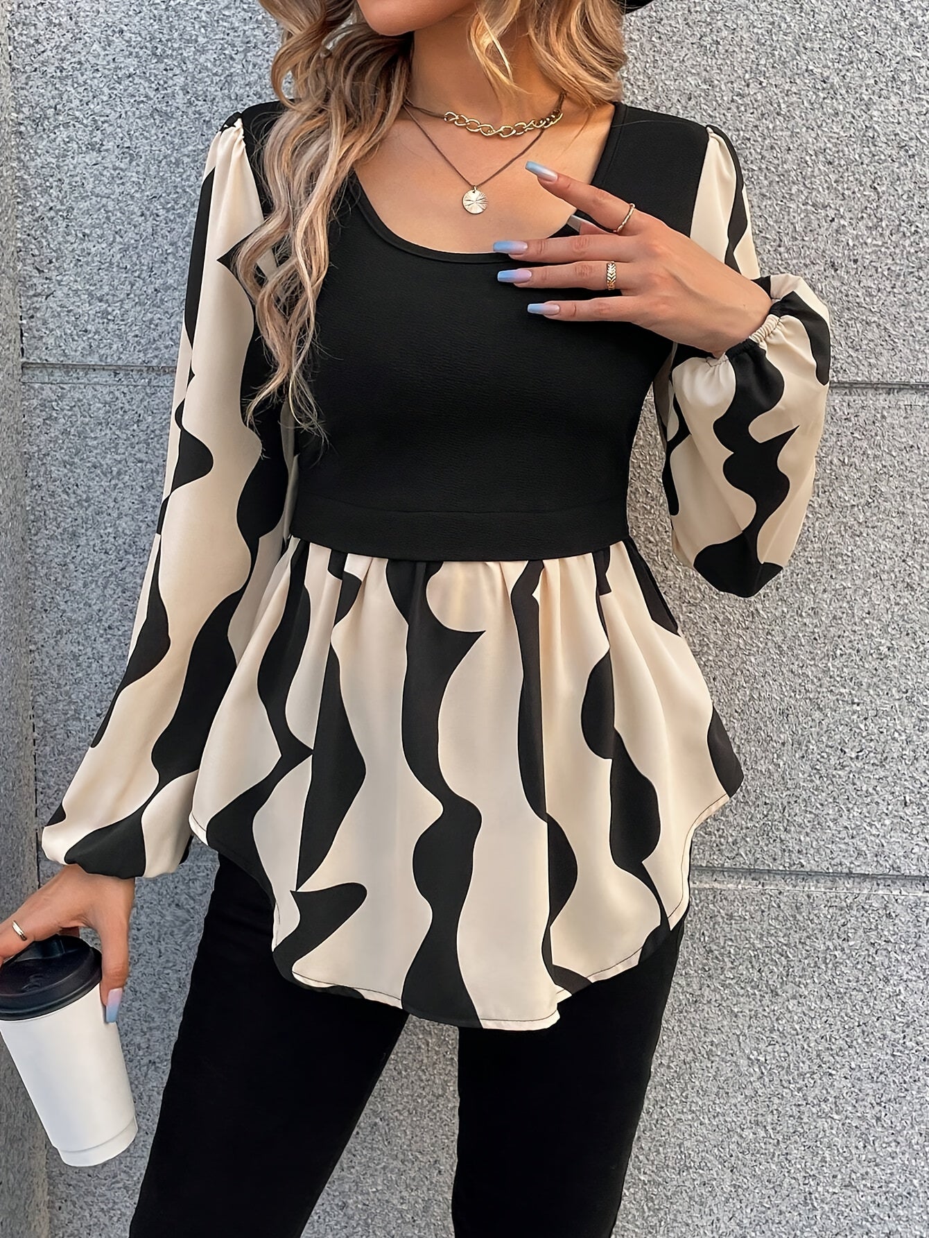 Abstract Print 2 In 1 Blouse, Elegant Scoop Neck Long Sleeve Flare Top For Spring & Fall, Women's Clothing