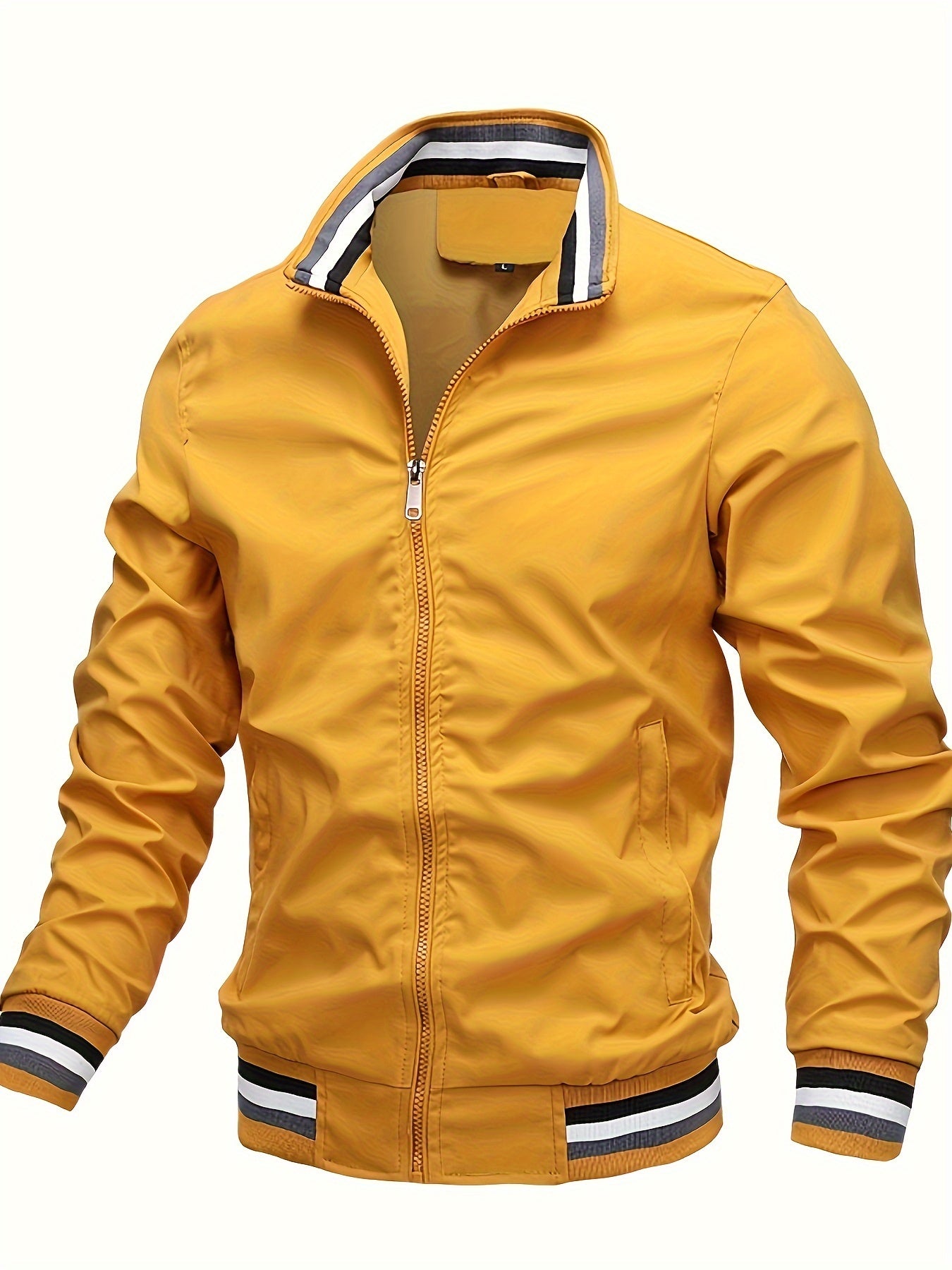 Mens Bomber Jacket - Eye-catching Stripe Pattern, Comfortable Long Sleeve, Convenient Zipper, Stylish Stand Collar, Windproof Windbreaker - Perfect for Spring and Autumn Seasons, Ideal for Outdoor Activities