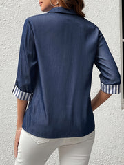 Stripe Print Button Front Blouse, Casual 3/4 Sleeve Pocket Top For Spring & Summer, Women's Clothing