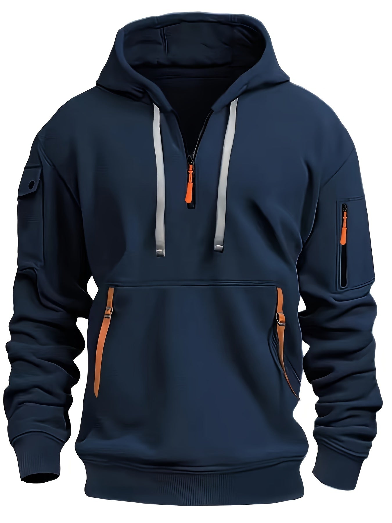 Men's Hooded Solid Long Sleeve And Zippered Henley Neck Sweatshirt With Multiple Pockets, Chic And Versatile Hoodie For Men's Spring And Autumn Outdoors Wear