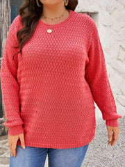 Plus Size Textured Solid Knitted Top, Casual Crew Neck Long Sleeve Top For Spring & Fall, Women's Plus Size Clothing