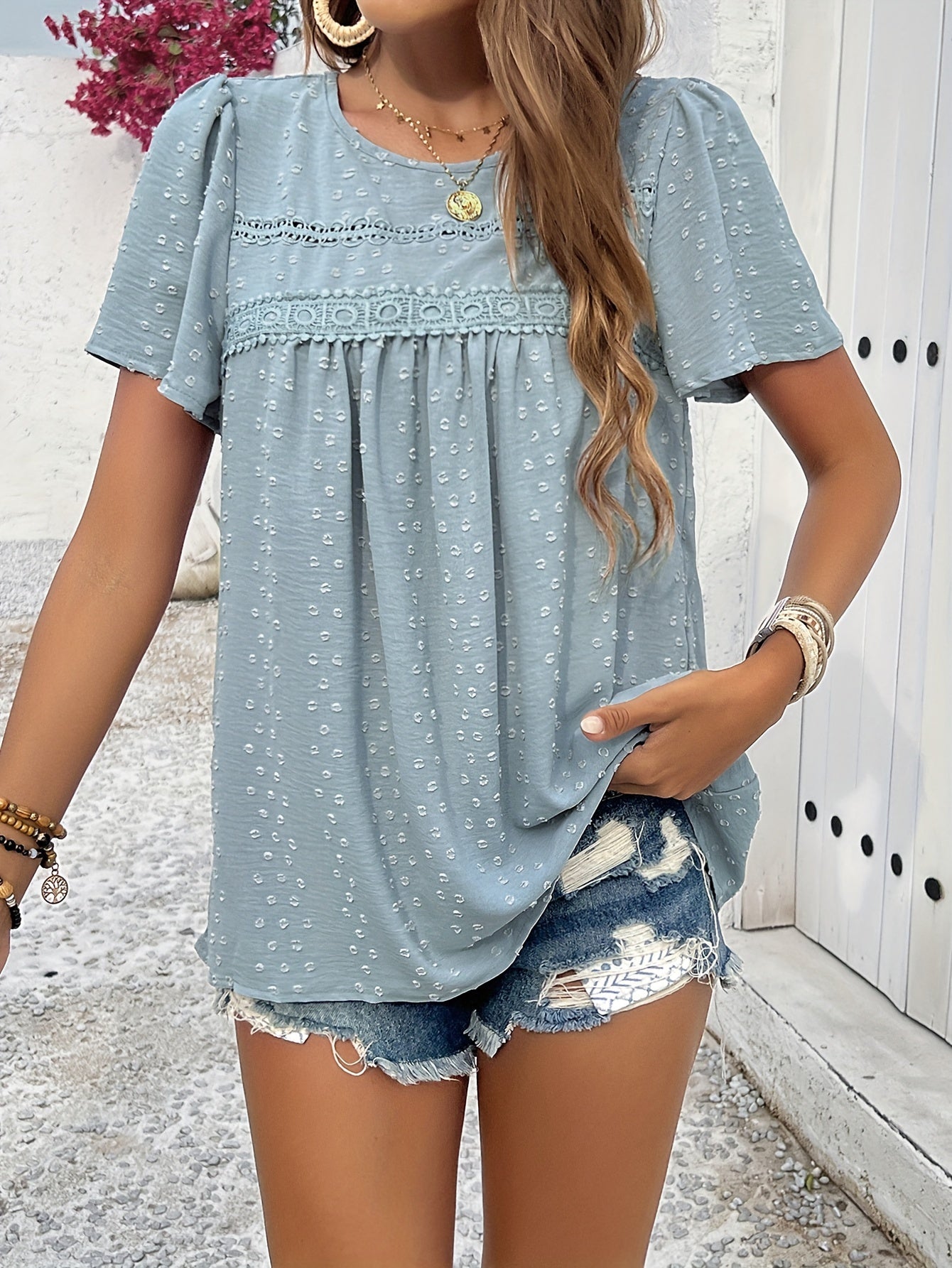 Lace Splicing Crew Neck Blouse, Casual Short Sleeve Top For Spring & Summer, Women's Clothing