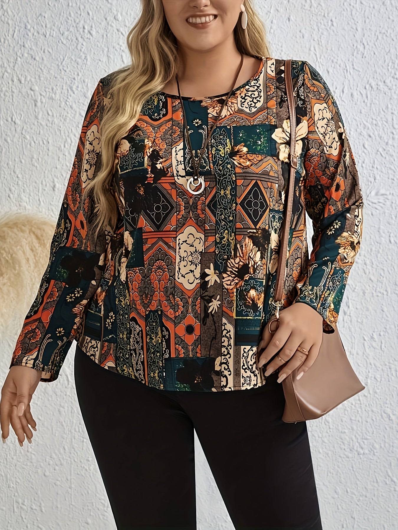 Plus Size Floral Print T-shirt, Vintage Long Sleeve Crew Neck Top For Spring & Fall, Women's Plus Size Clothing